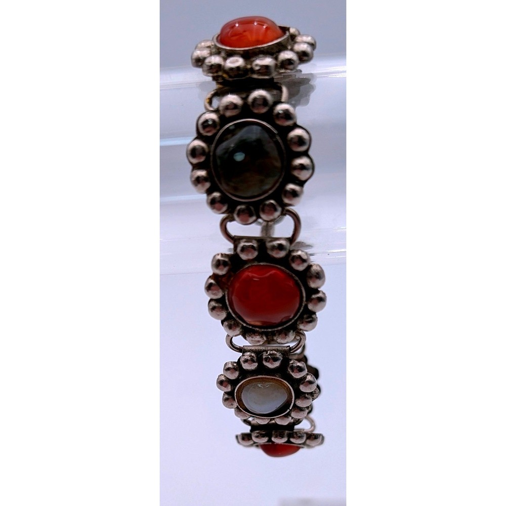 Vintage Sterling Silver Acid Tested Multi Gemstone Link Bracelet Carnelian Agate
